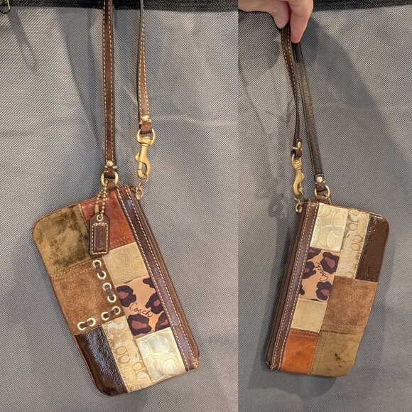 Vintage Coach Brown Suede Leopard Patchwork Wristlet 7"x4" - Picture 2 of 11